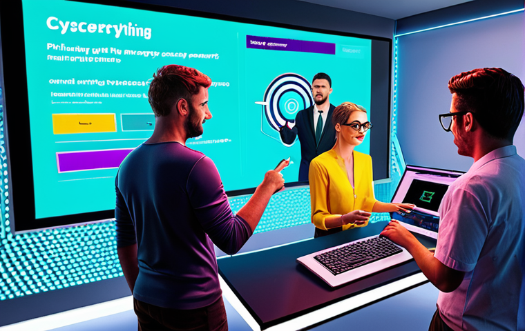 **Image:** People participating in a cybersecurity training game, earning points for identifying phishing emails. Bright colors, fun interface, energetic atmosphere.