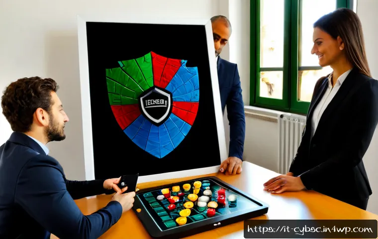 사이버 보안 인식 증진을 위한 게임화 방법 - Photorealistic modern Italian office training session, diverse adult employees gathered around a lar...